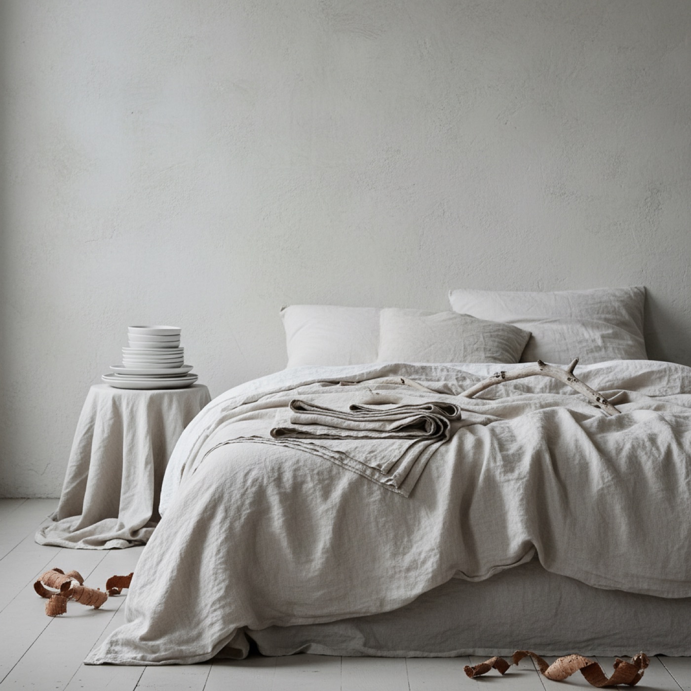 An unmade bed in washed oatmeal linen against a limewashed plaster wall