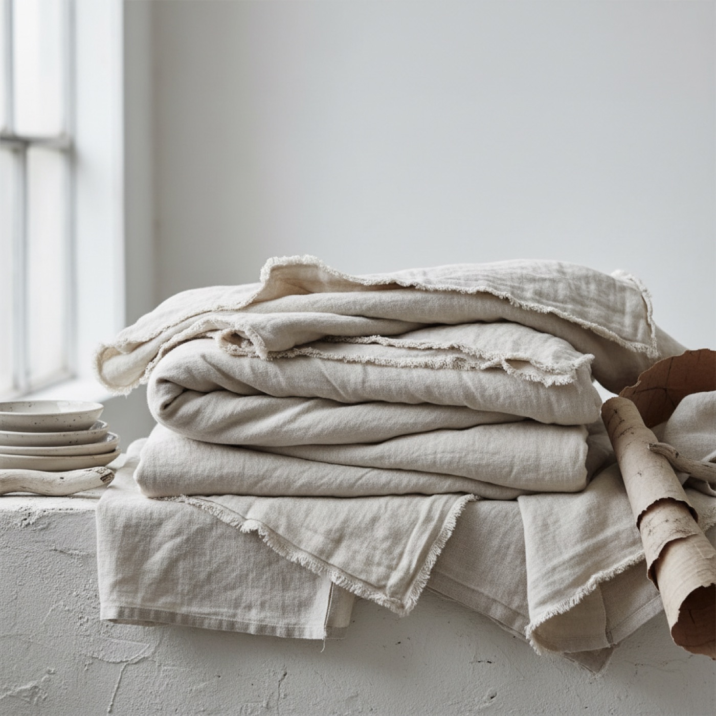 A stonewashed linen quilt cover folded into a soft loose stack